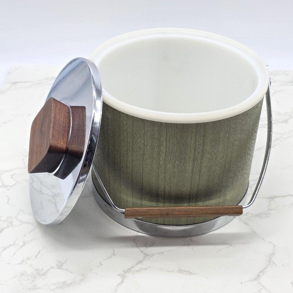Vintage Kromex Ice Bucket Green Woodgrain Chrome Lid Mid Century Barware USA - Picture 4 of 11